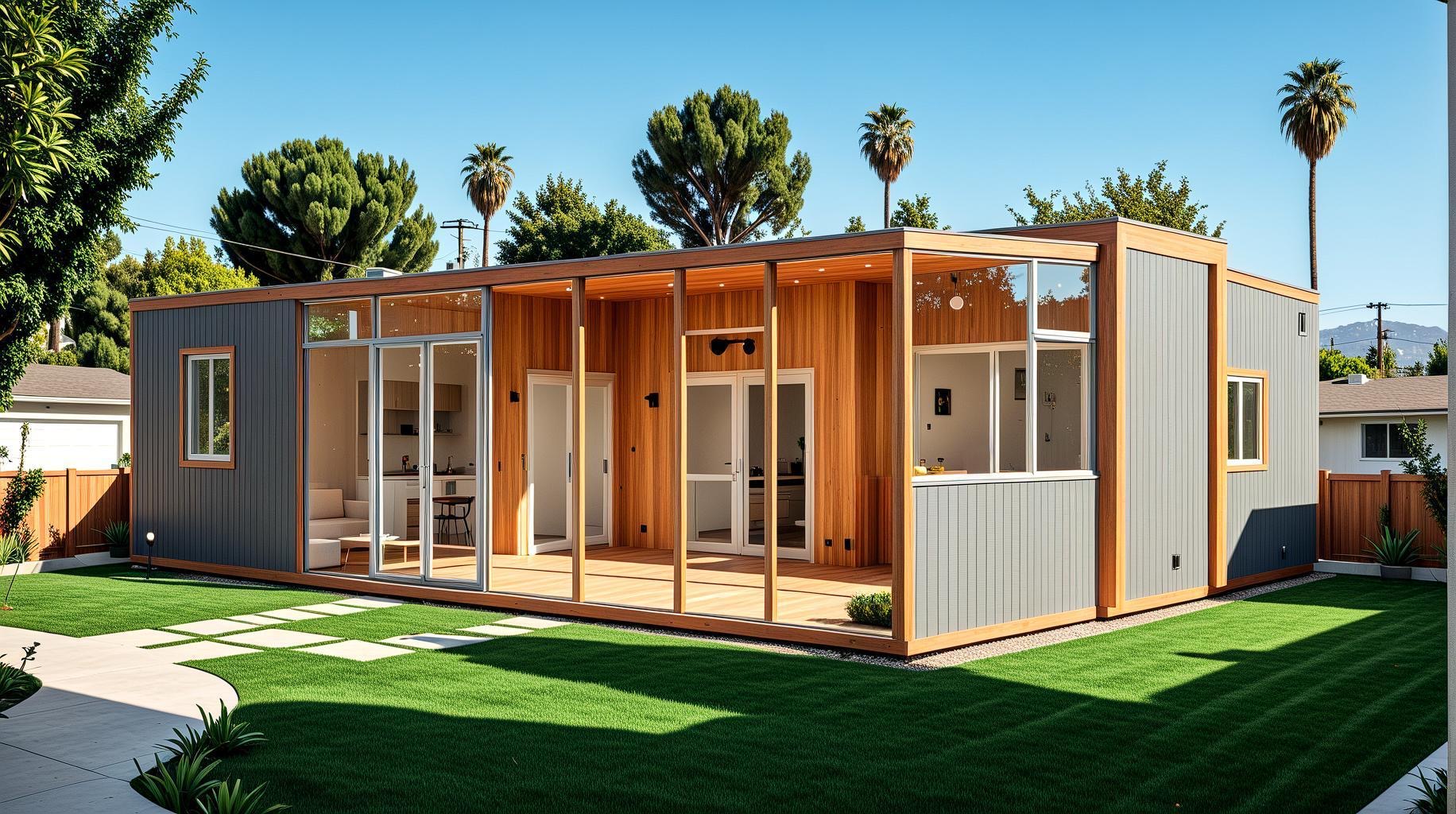 A Casden ADU with warm wood cladding and glass walls on a green California lawn