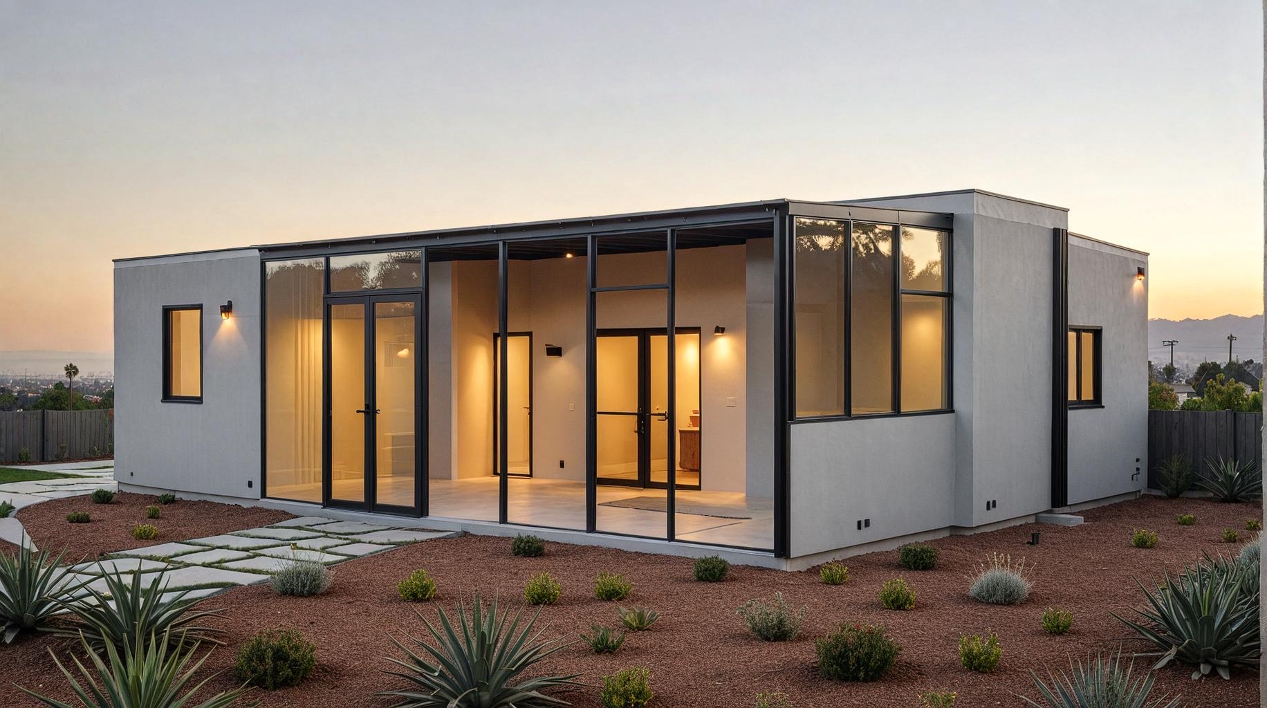 Casden ADU glowing at golden hour with desert landscaping
