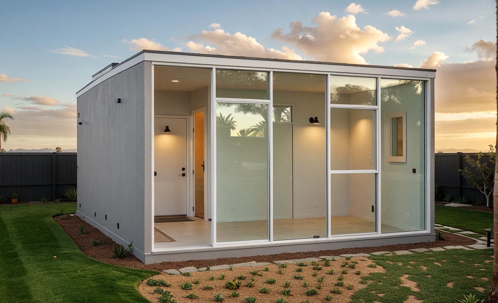 Casden ADU exterior with glass facade under a dramatic sunset sky