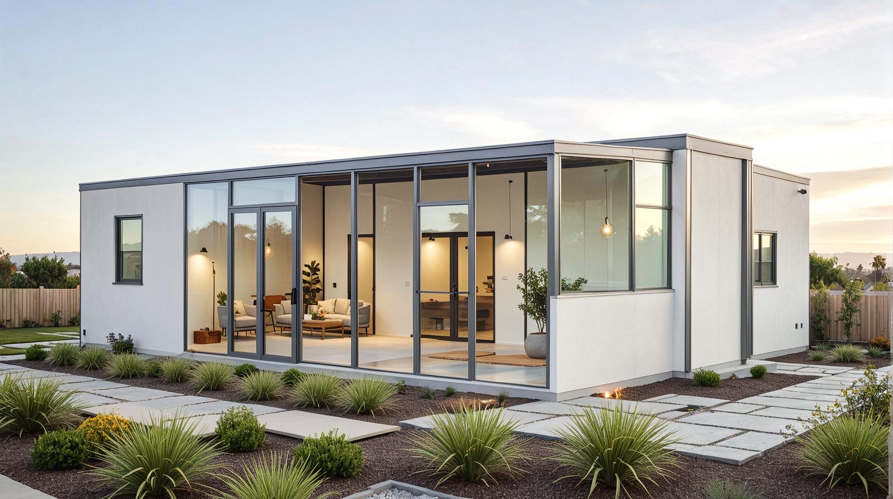 A finished Casden ADU at golden hour with glowing glass walls in a landscaped California backyard