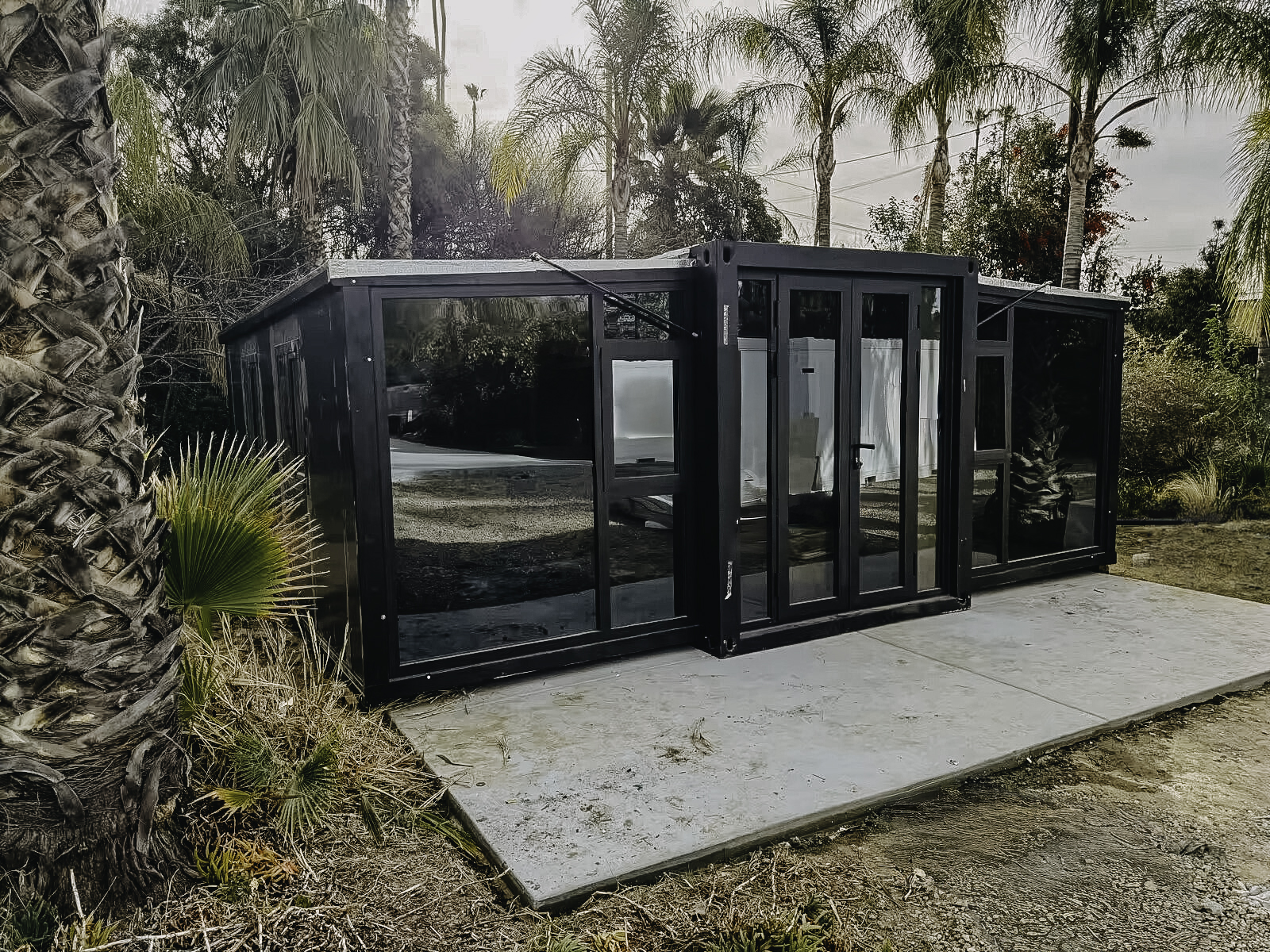 Modern dark-framed Casden ADU with a wall of glass