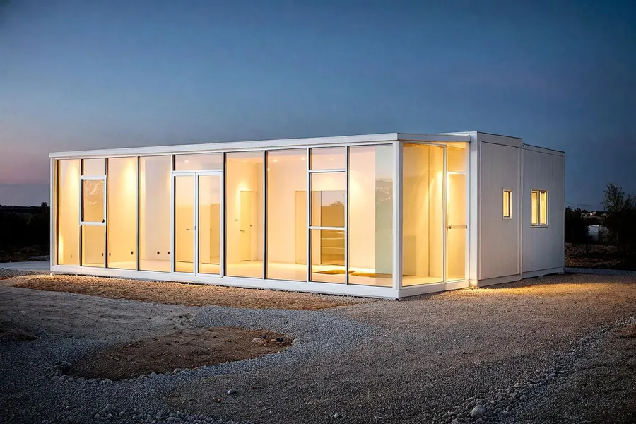 CasdenTwo two-bedroom ADU exterior at dusk with glowing glass walls