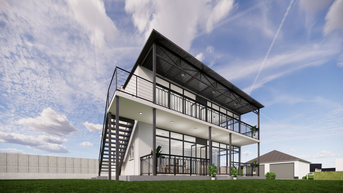 Exterior rendering of the two-story Casden Duplex with a balcony