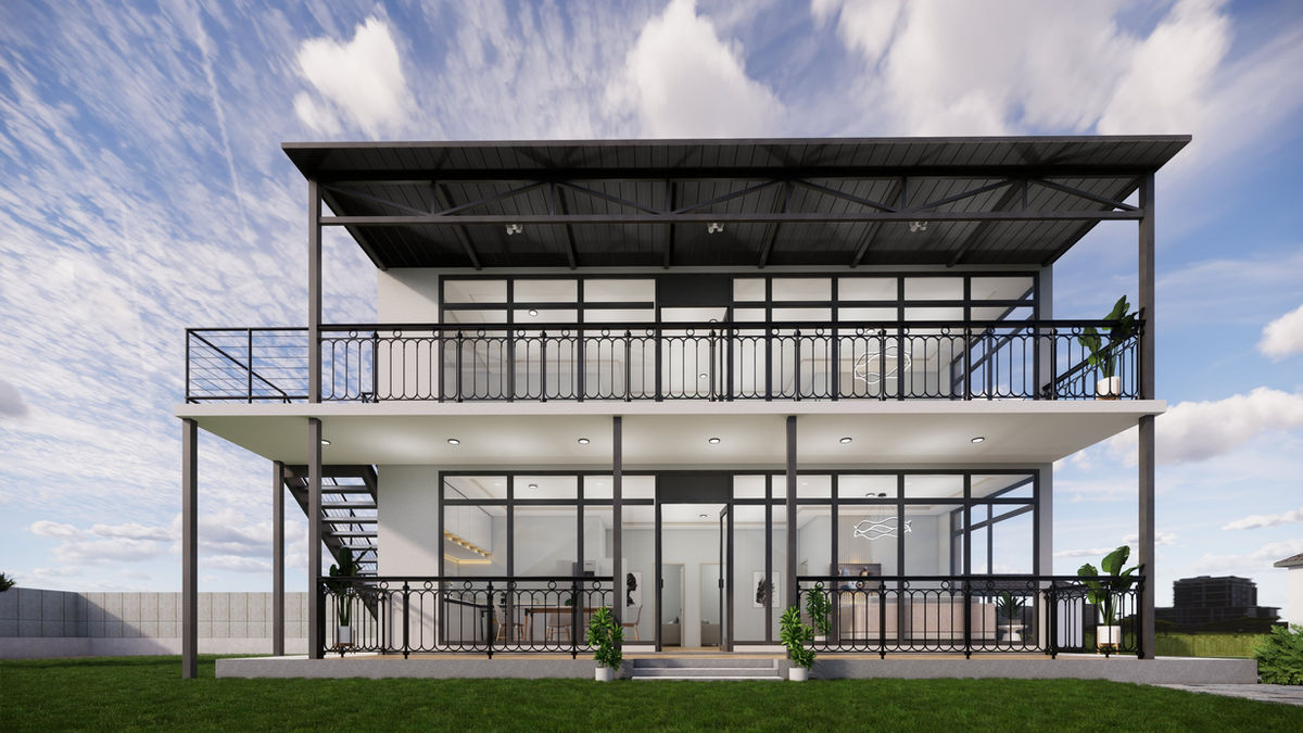 Exterior rendering of the Casden Duplex with its staircase and upper entry